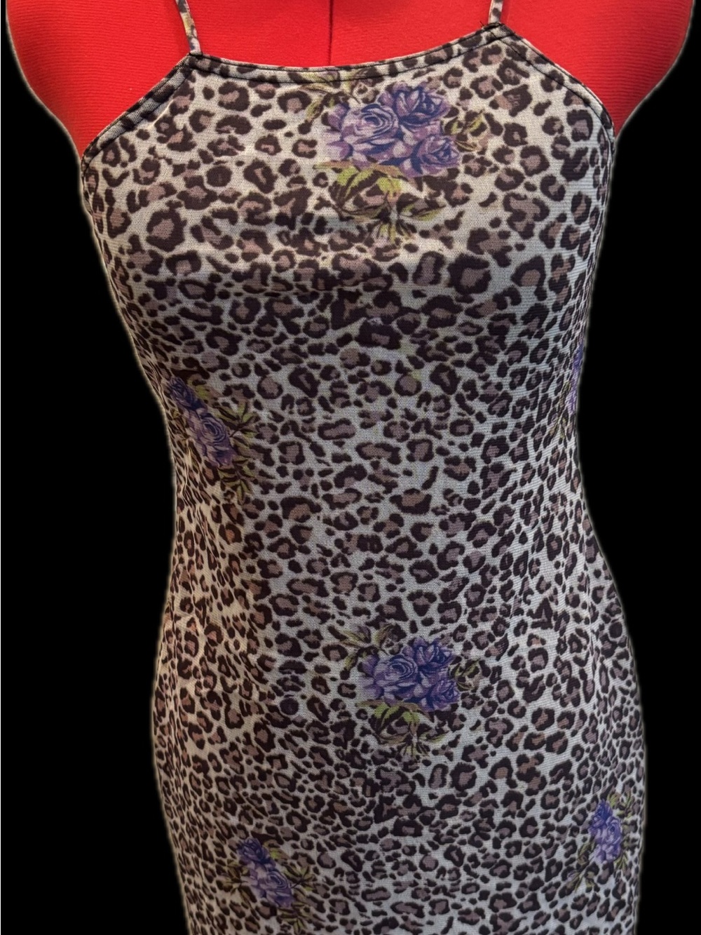 Leopard Print Spaghetti Strap dress with Purple Floral Accents